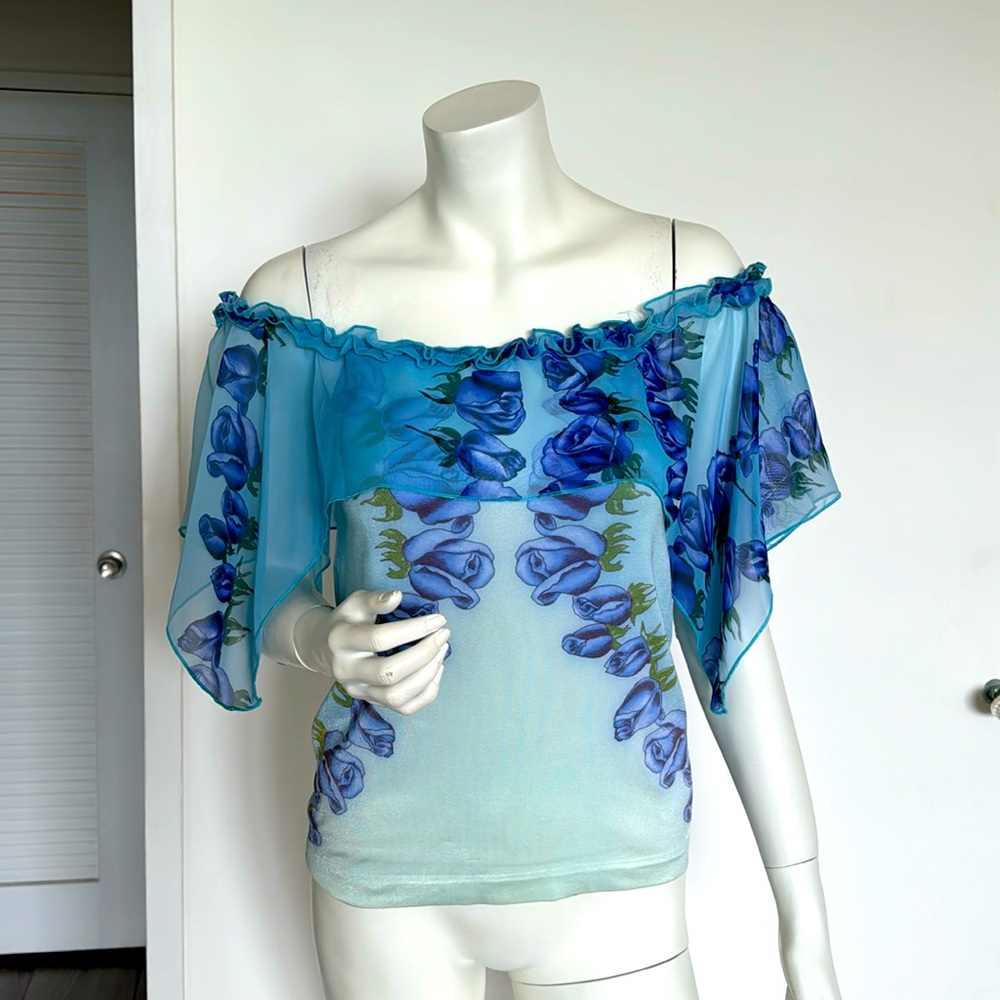 Love Sex Money top stretch open shoulders, blue roses, size S and M, Italy